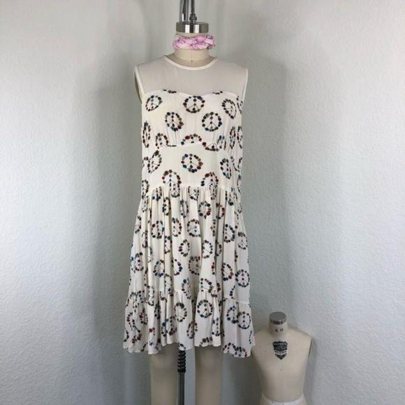 Sandro Replay Printed Silk Dress in Ecru Peace Sig - Picture 4 of 10